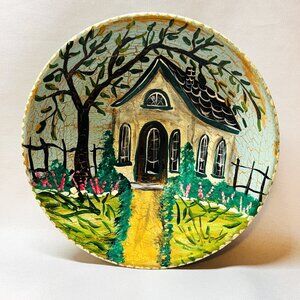 Primitive Folk Art Wood Bowl Karen Dittman Vintage Hand Painted Cottage Scene